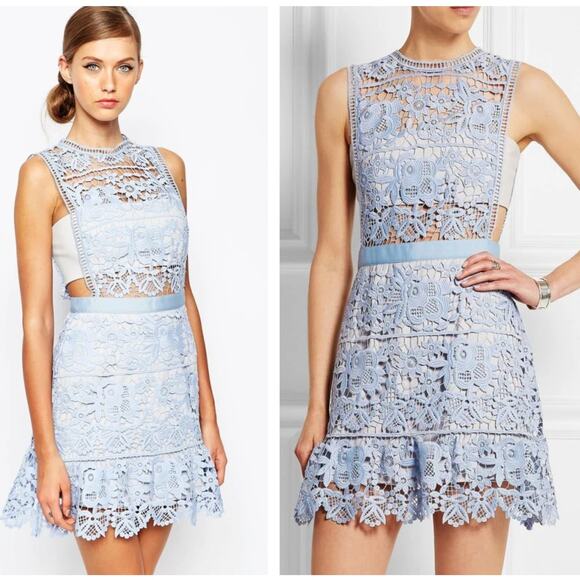 SELF-PORTRAIT Guipure Lace Bandeau Mini Dress Light Blue Sz 0 $465 {WW44} - Picture 1 of 5